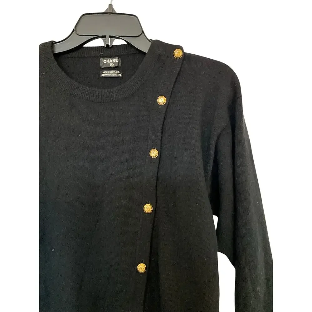 Chanel Vintage Black 100% Cashmere Sweater Gold CC Logo Buttons